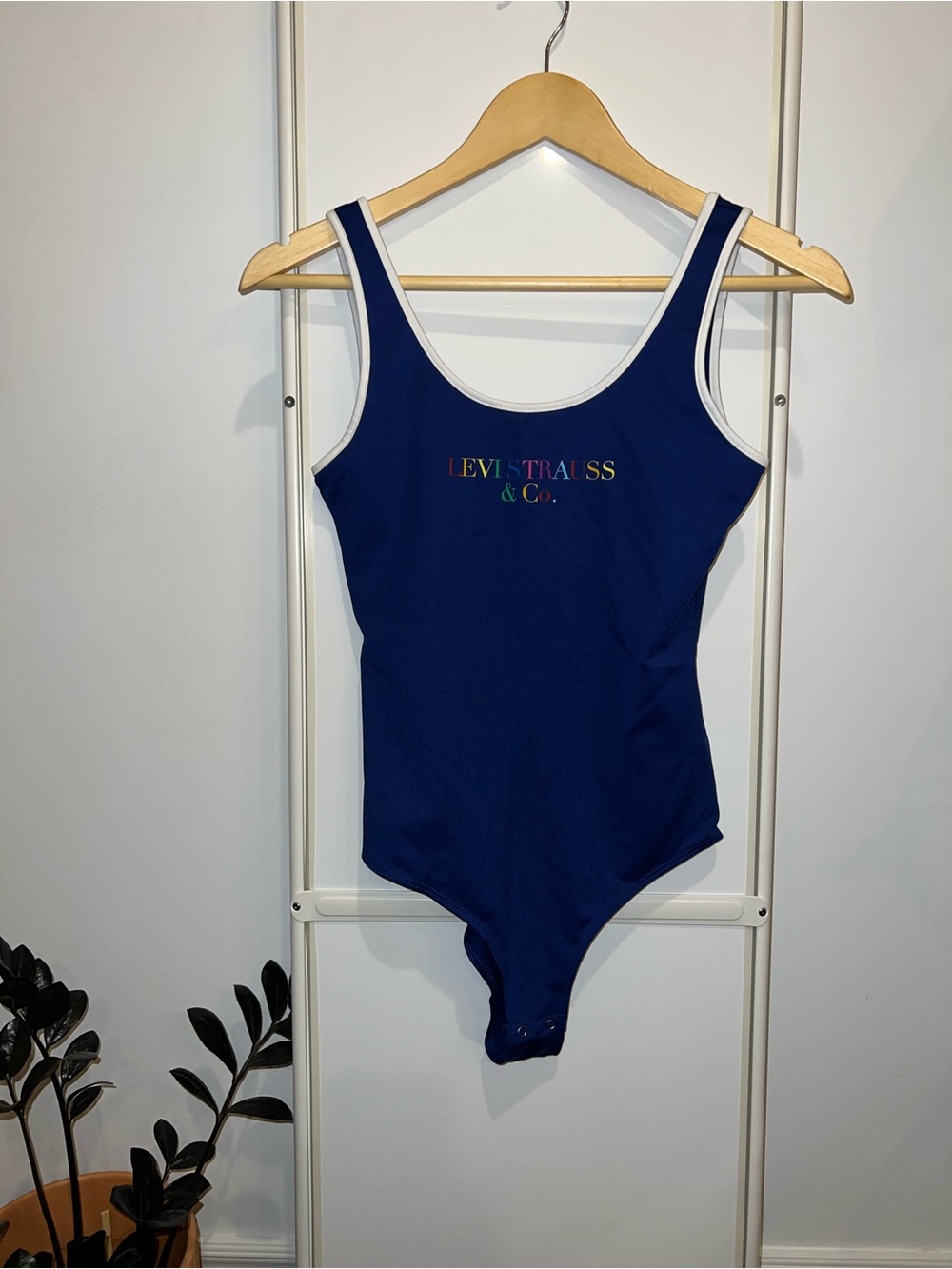 Blue Levi Strauss Bodysuit with Rainbow Lettering